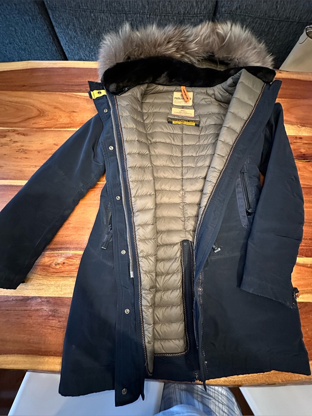 Parajumpers Navy Long Puffer-Quilt Parka with Faux Fur Trim